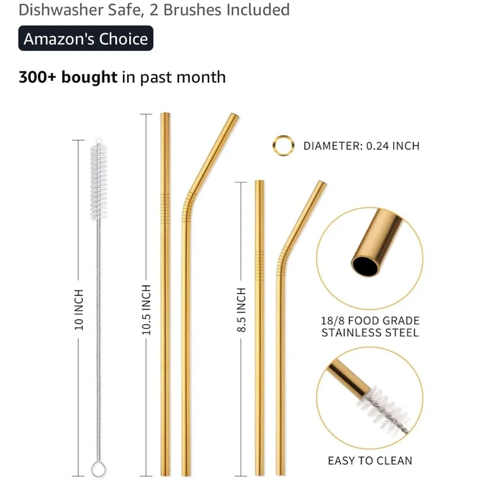 ❤️❤️❤️ Gold Stainless Steel Metal Straws Set of 12